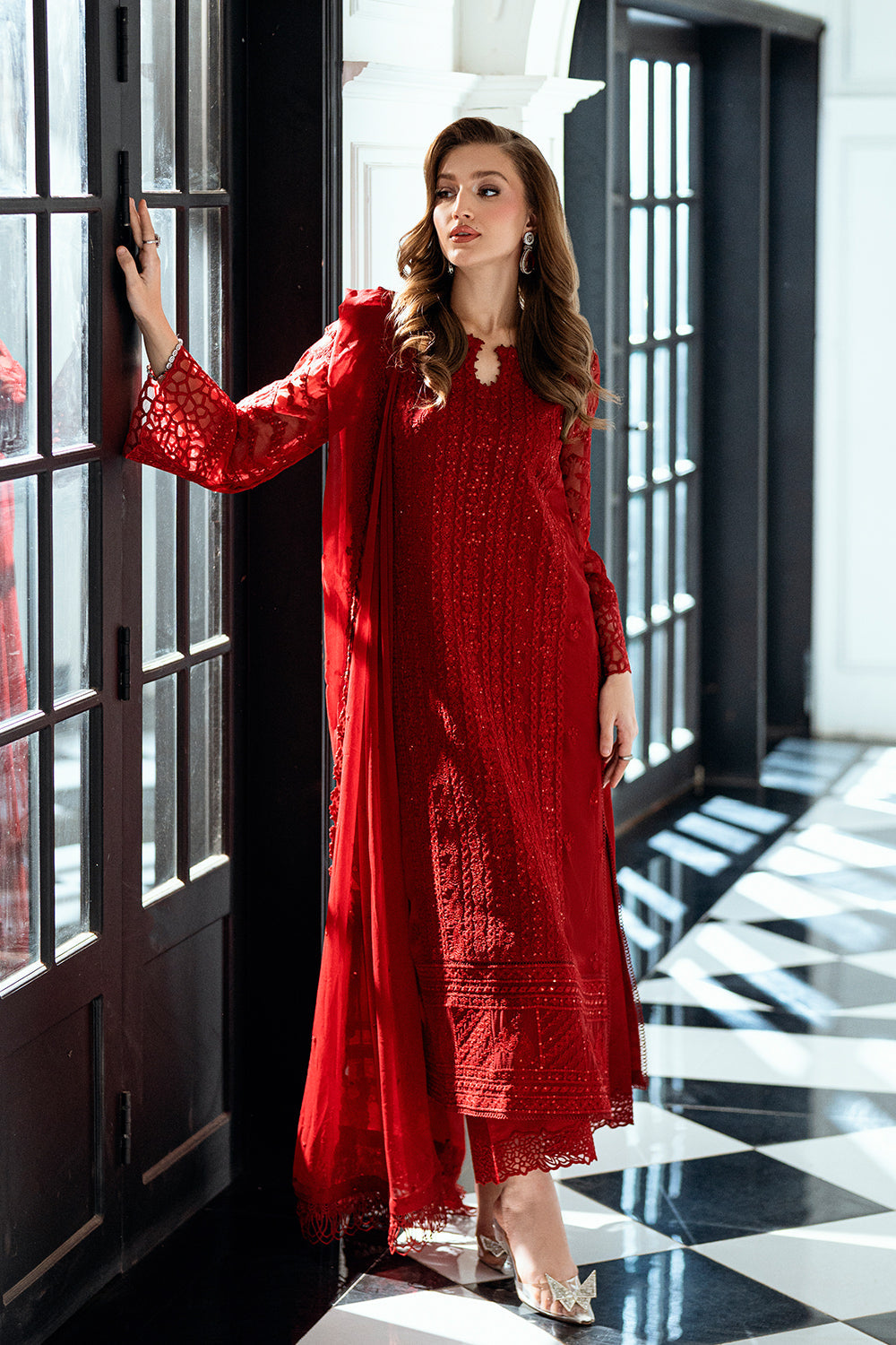 Alishba Abbasi - Ruby Red Shirt, Trouser with Dupatta - COD | 50% OFF