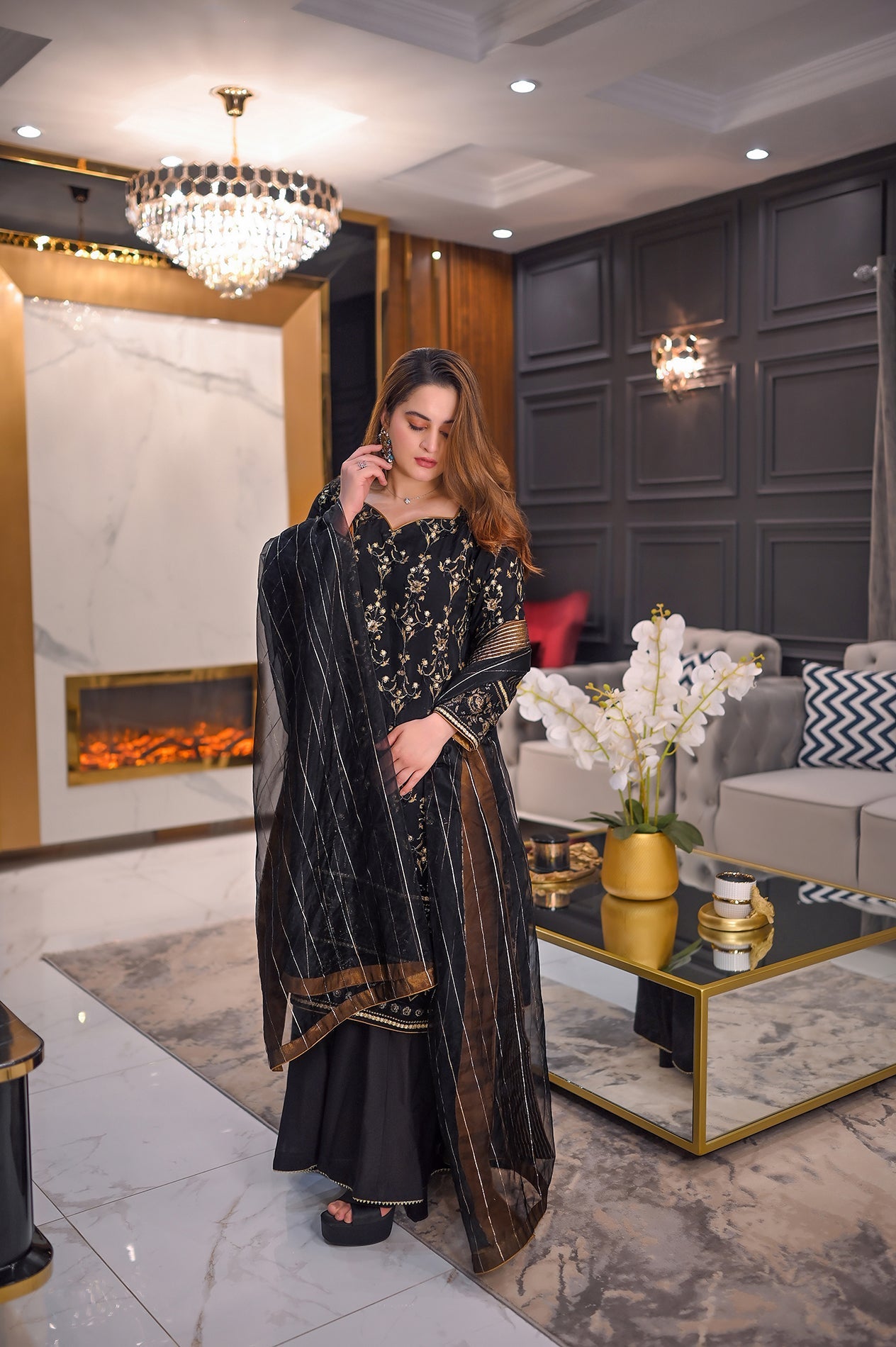 Aiman Khan - Rosset Shirt, Trouser with Dupatta - COD | 40% OFF