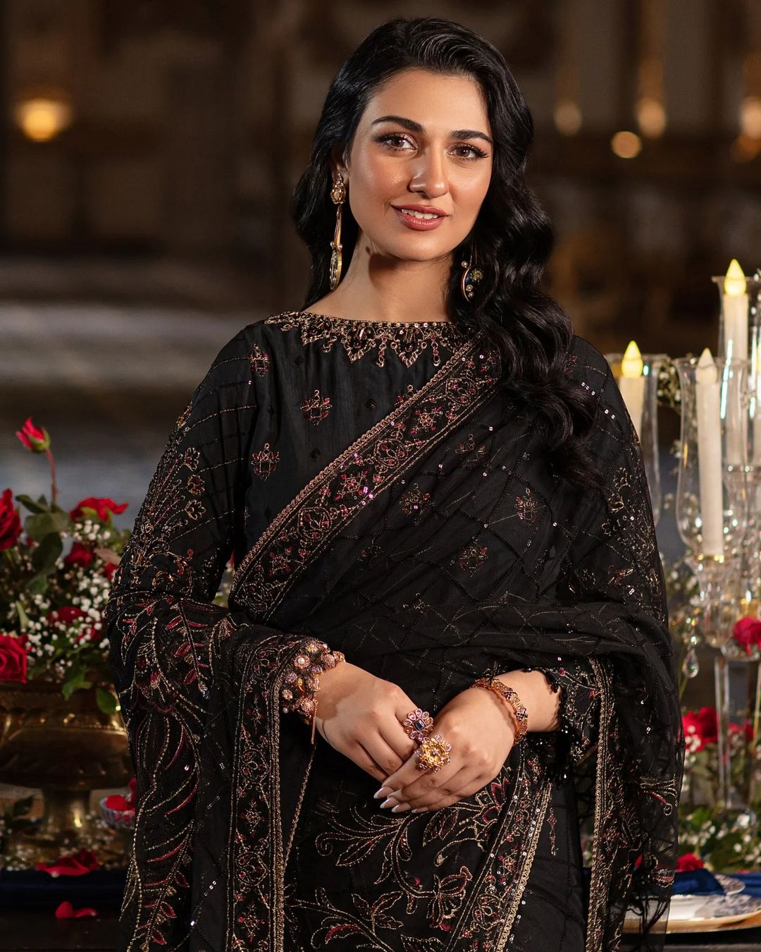 Sarah Khan - HAINOOR Embellished Black Raw Silk Saree | 50% OFF