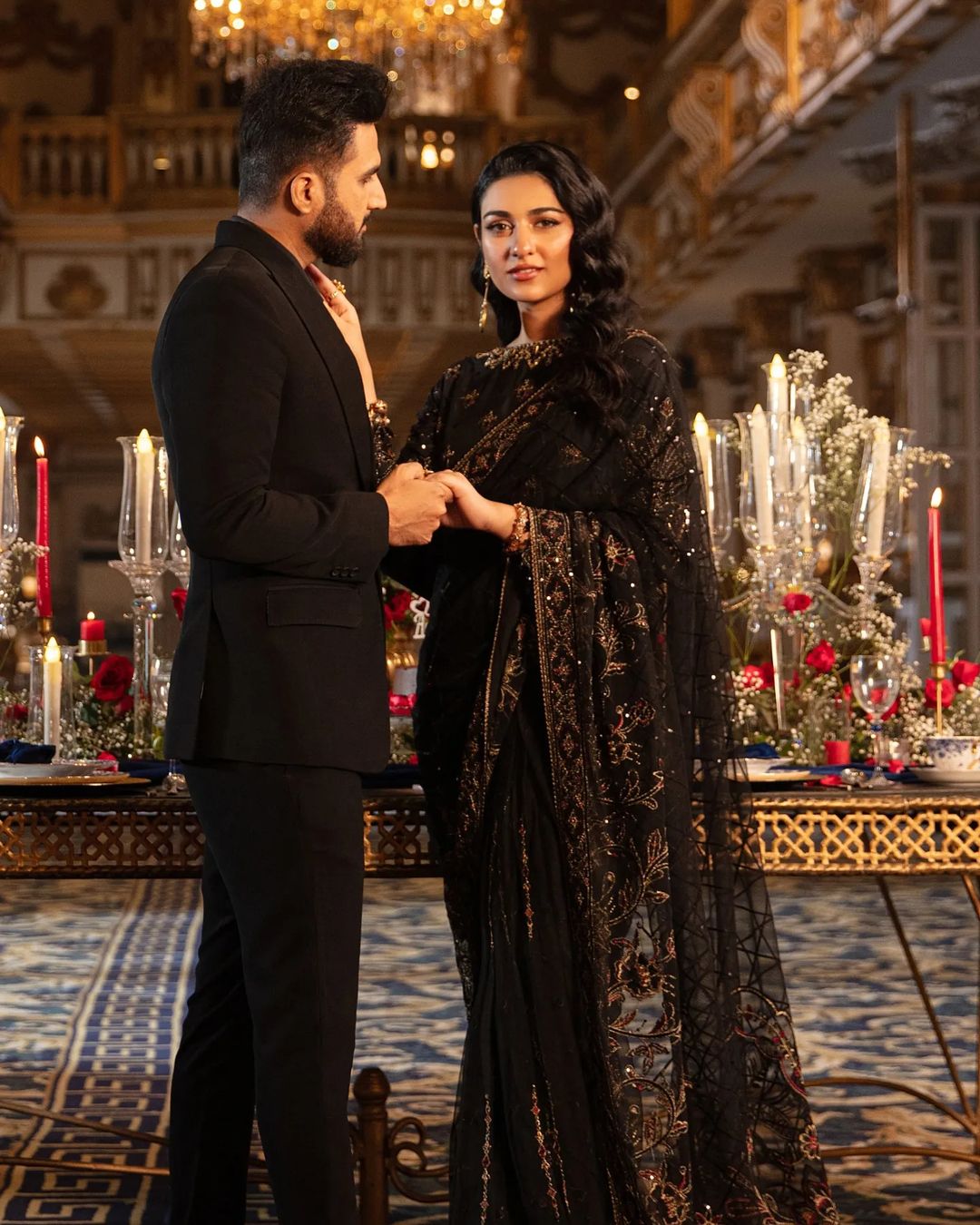 Sarah Khan - HAINOOR Embellished Black Raw Silk Saree | 50% OFF