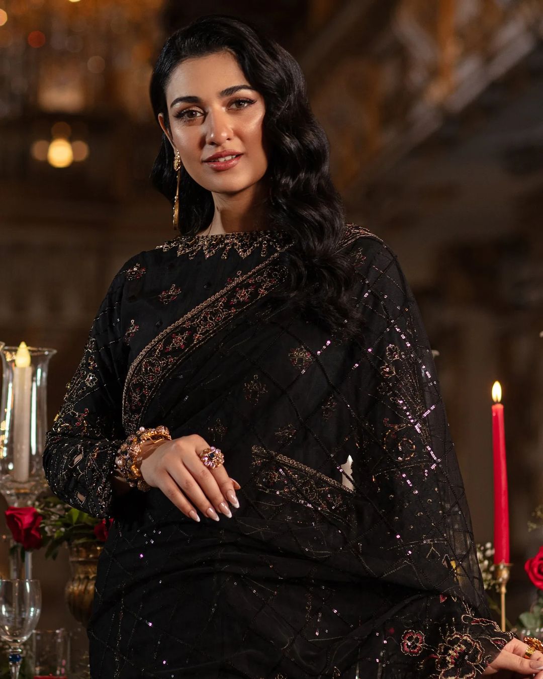 Sarah Khan - HAINOOR Embellished Black Raw Silk Saree | 50% OFF