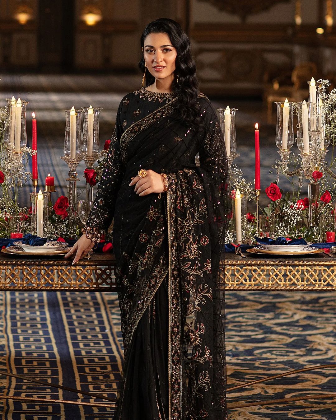 Sarah Khan - HAINOOR Embellished Black Raw Silk Saree | 50% OFF