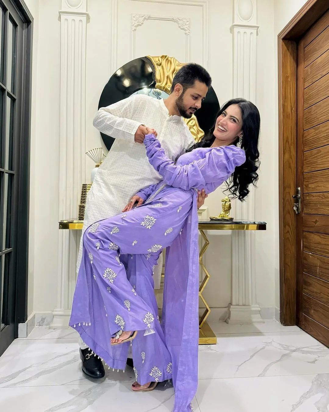 Iqra Kanwal -Embellished Purple Long Top and Trouser | 50% OFF