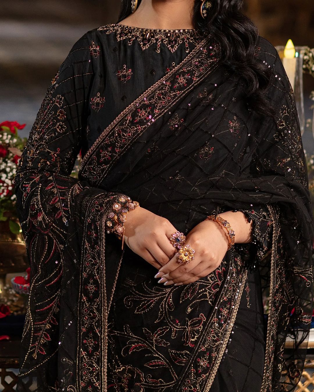 Sarah Khan - HAINOOR Embellished Black Raw Silk Saree | 50% OFF