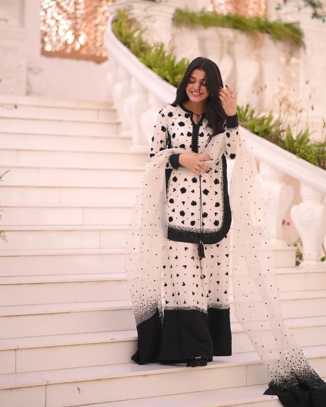 polka dots dress designs pakistani Polka-Dot Print Embroidered Lawn Dress with Chiffon Dupatta (DZ16969) DressyZone.com