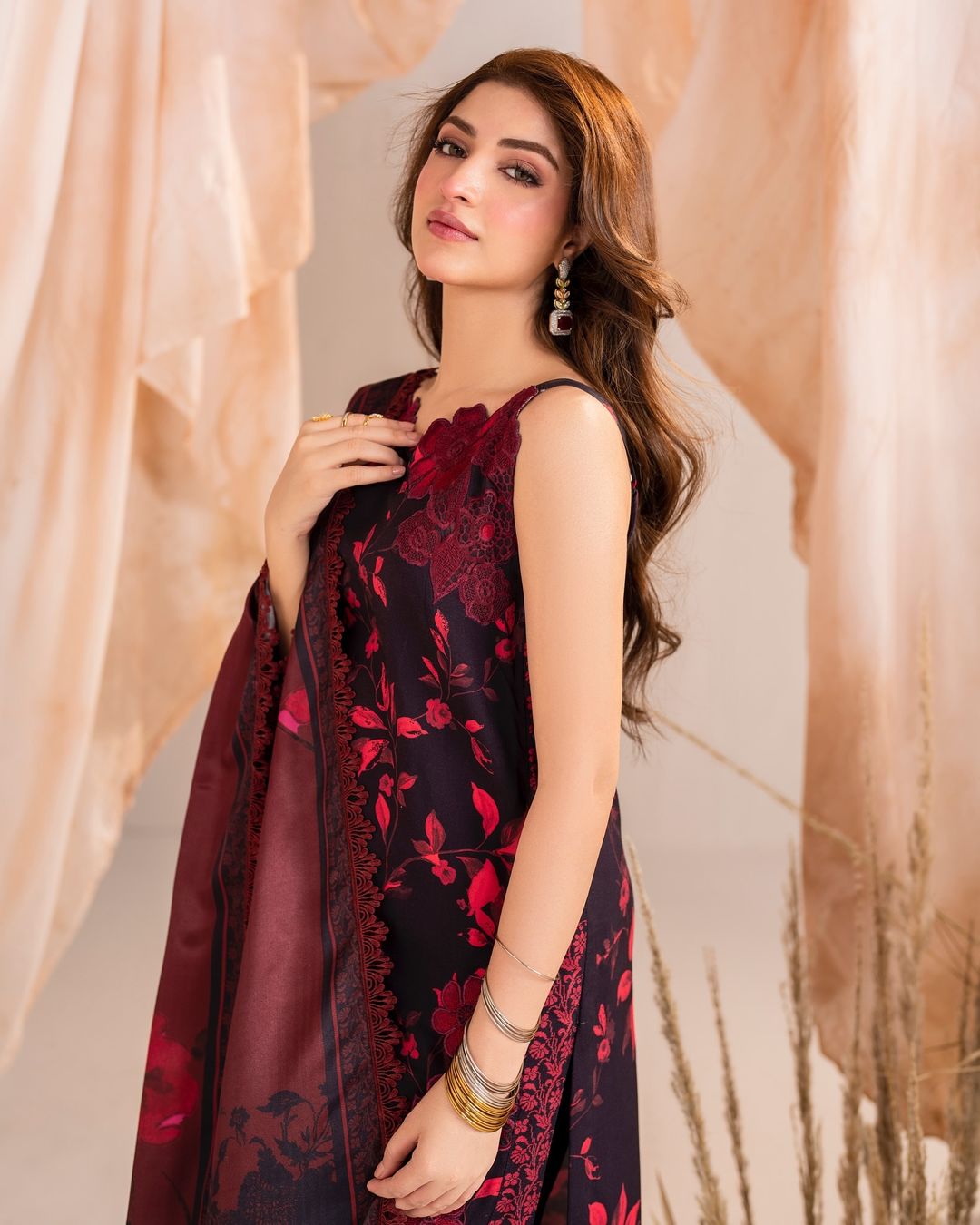 Kinza Hashmi - Maroon floral viscose Shirt, Trouser and Dupatta set | COD | 40% OFF