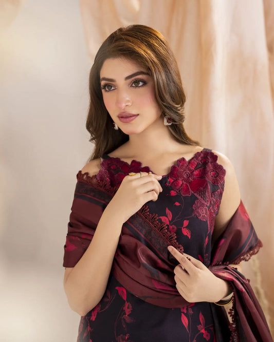 Kinza Hashmi - Maroon floral viscose Shirt, Trouser and Dupatta set | COD | 40% OFF