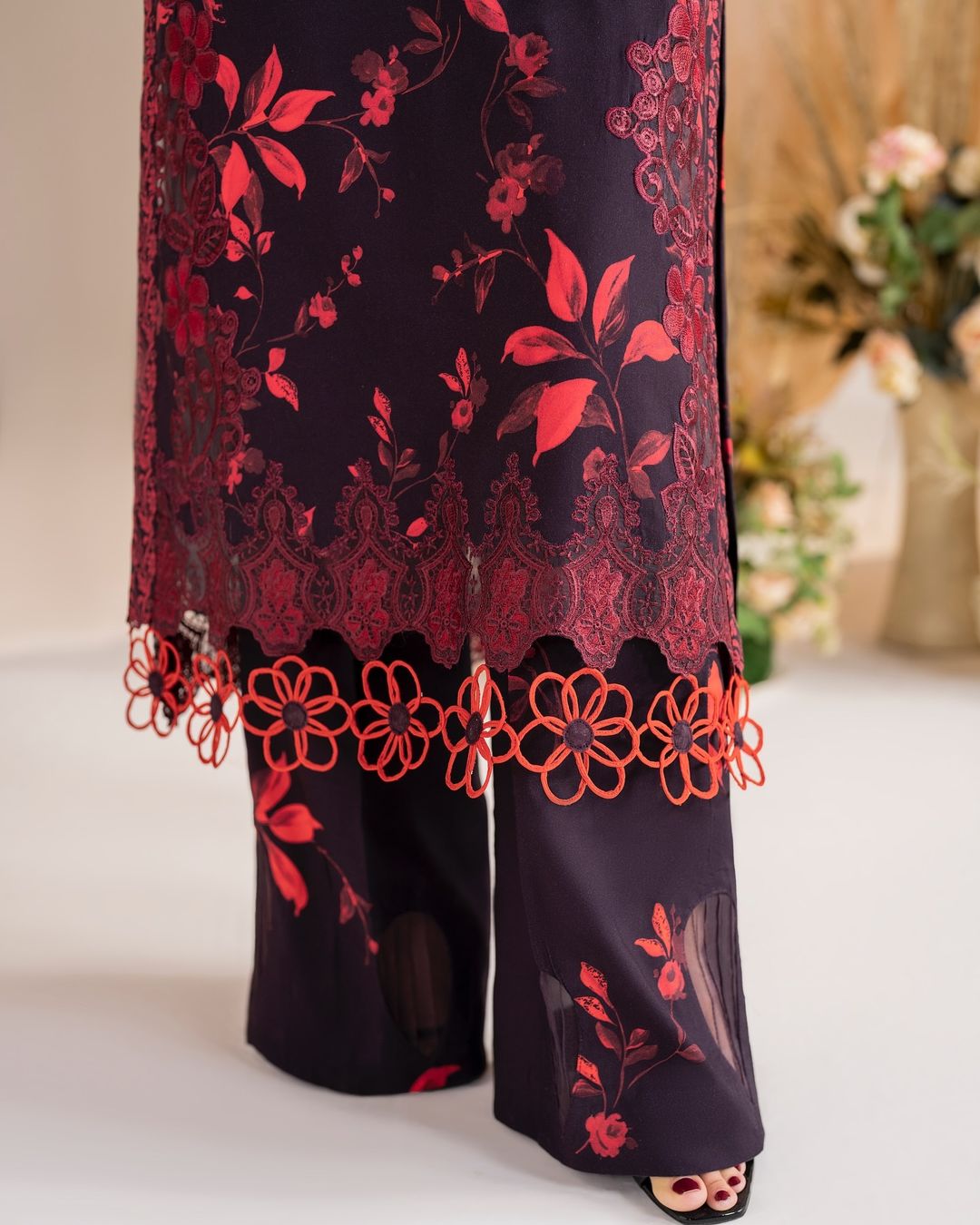 Kinza Hashmi - Maroon floral viscose Shirt, Trouser and Dupatta set | COD | 40% OFF