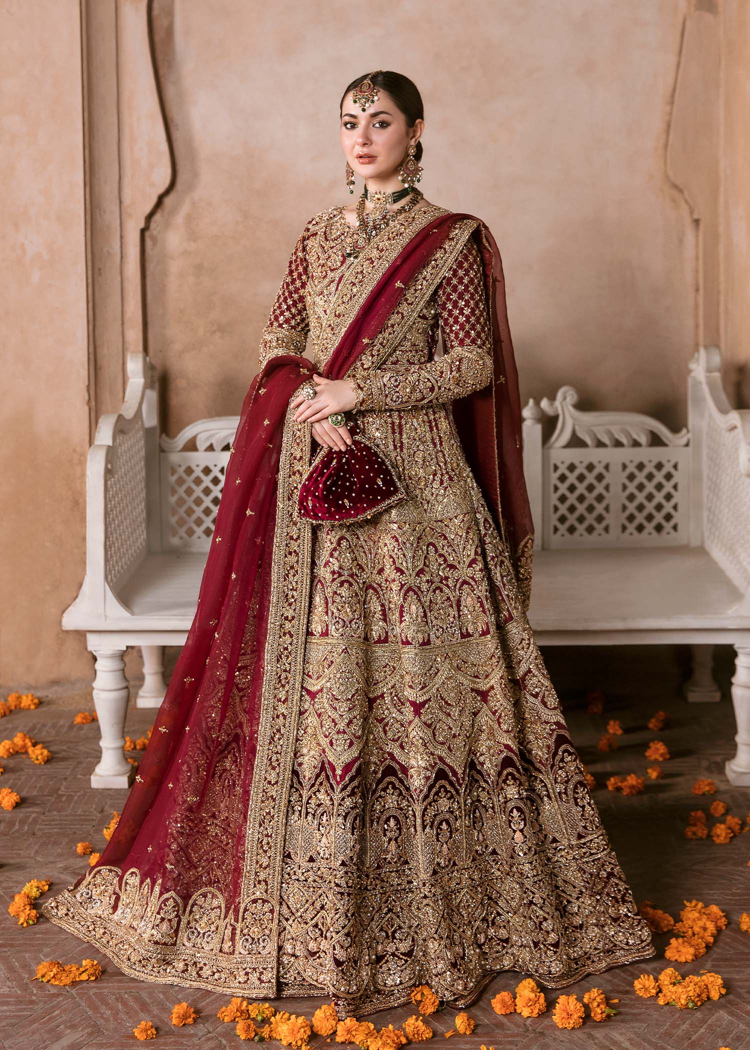 Hania Aamir Maroon Bridal Gown - Silk and Organza | 50% OFF NeeL Hania Aamir Maroon Bridal Gown - Silk and Organza | 50% OFF NeeL