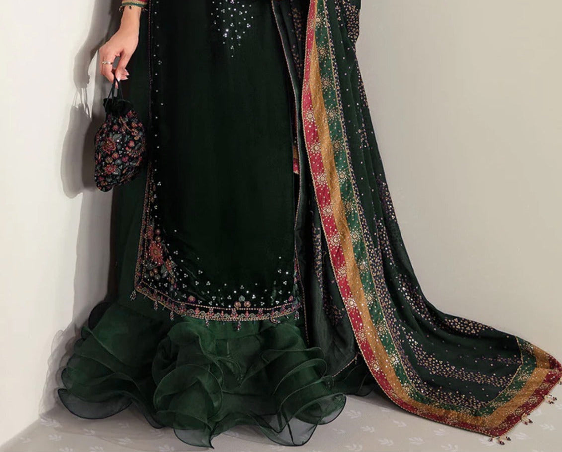 Merium Pervaiz Embroidered Velvet Shirt, Lehenga and Dupatta | COD | 40% OFF