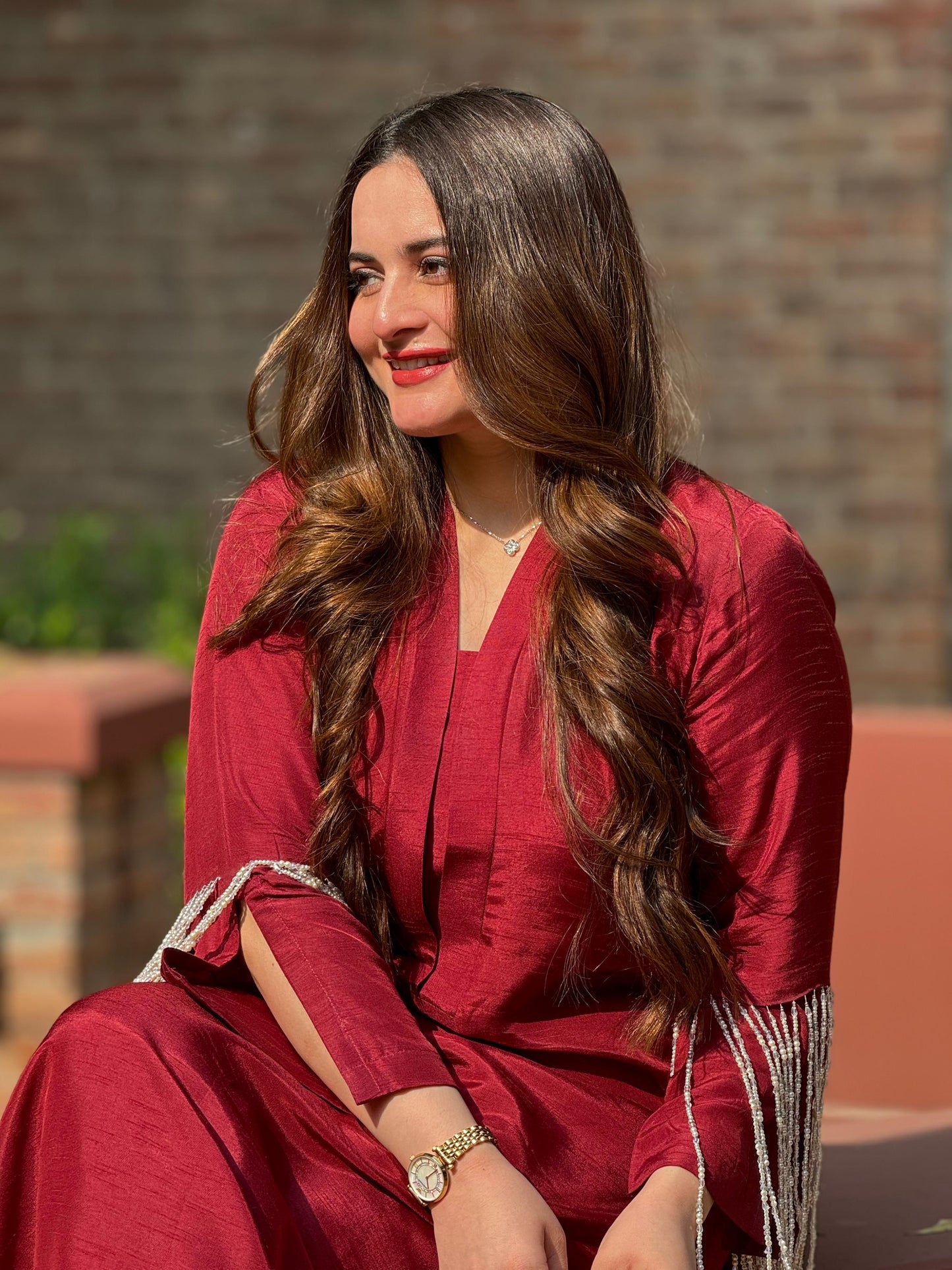 Aiman Khan - Embellished Red Shirt, Trouser and Dupatta set - COD | 30% OFF