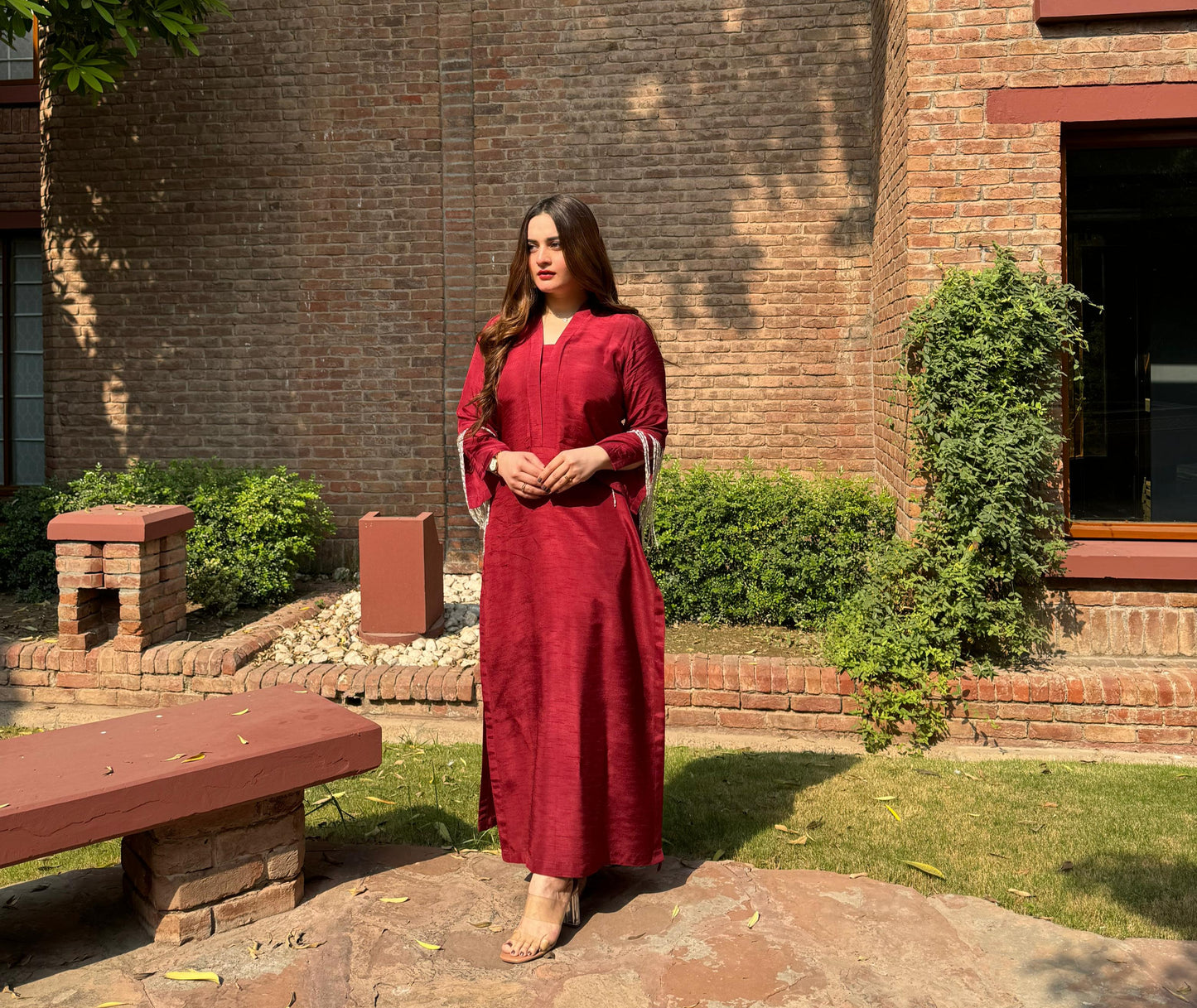 Aiman Khan - Embellished Red Shirt, Trouser and Dupatta set - COD | 30% OFF