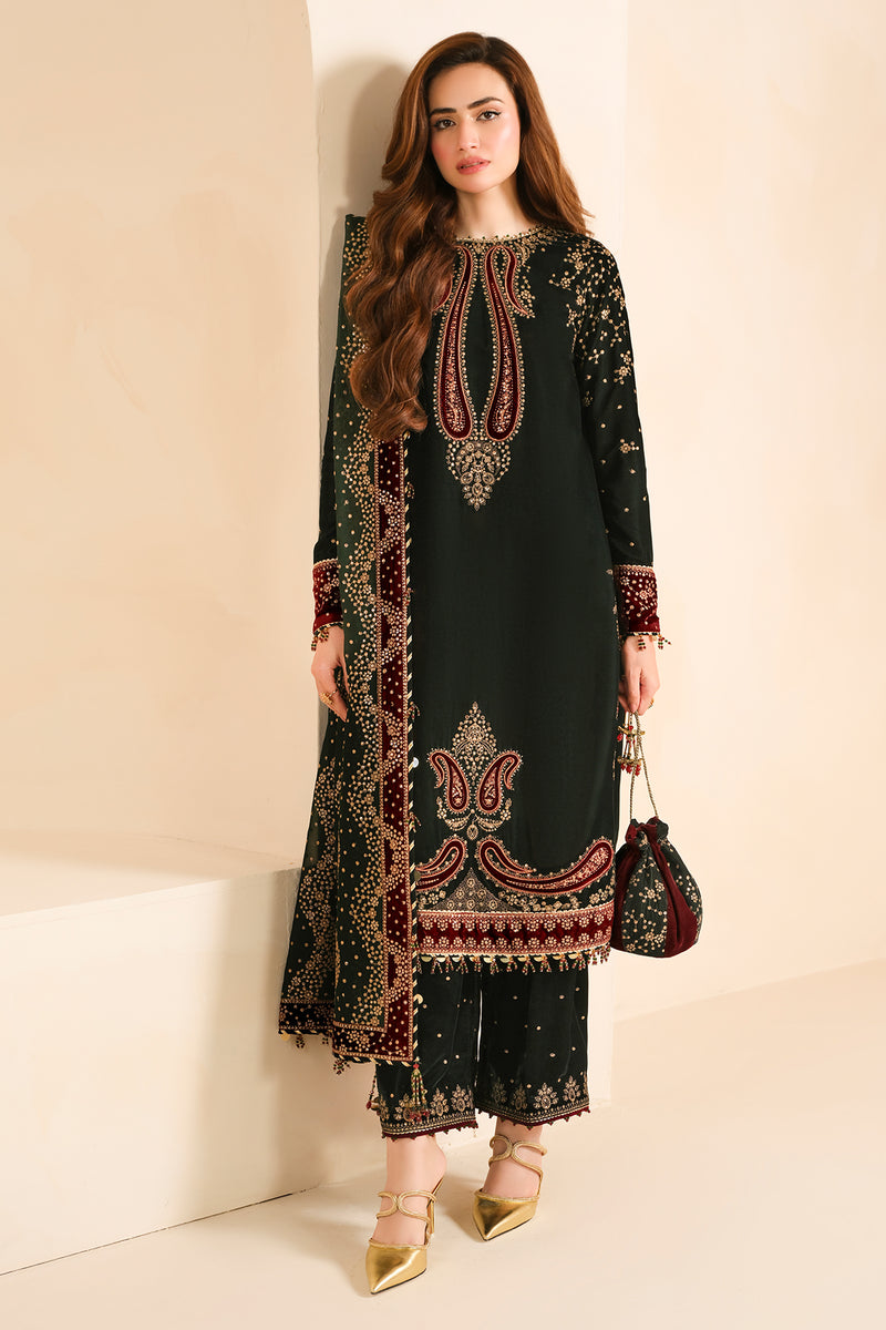 Sana Javed - Embroidered Velvet Shirt, Trouser and Dupatta set - COD | 50% OFF