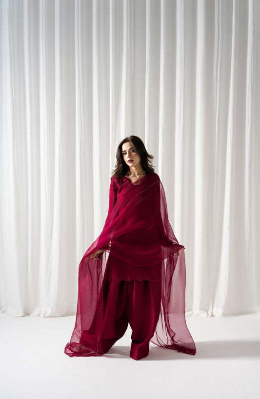 Aima Baig - Beetroot Shirt, Farshi Shalwar with Dupatta - COD | 50% OFF