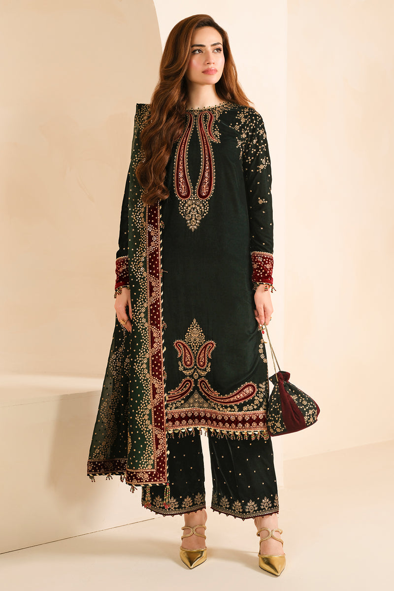 Sana Javed - Embroidered Velvet Shirt, Trouser and Dupatta set - COD | 50% OFF