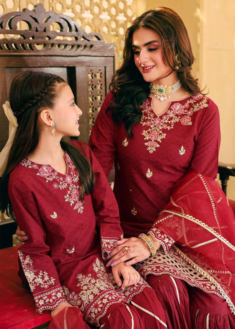 Hira Mani Rose Red Shirt, Gharara and Dupatta Set | 42% OFF | Mother & Daughter Duo | COD