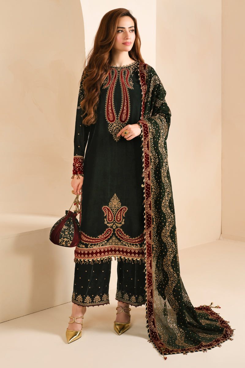 Sana Javed - Embroidered Velvet Shirt, Trouser and Dupatta set - COD | 50% OFF