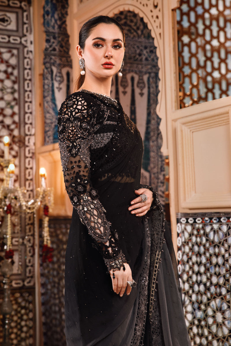 Hania Aamir - Black Embroidered Saree | Stitched | 30% OFF | Cash On Delivery