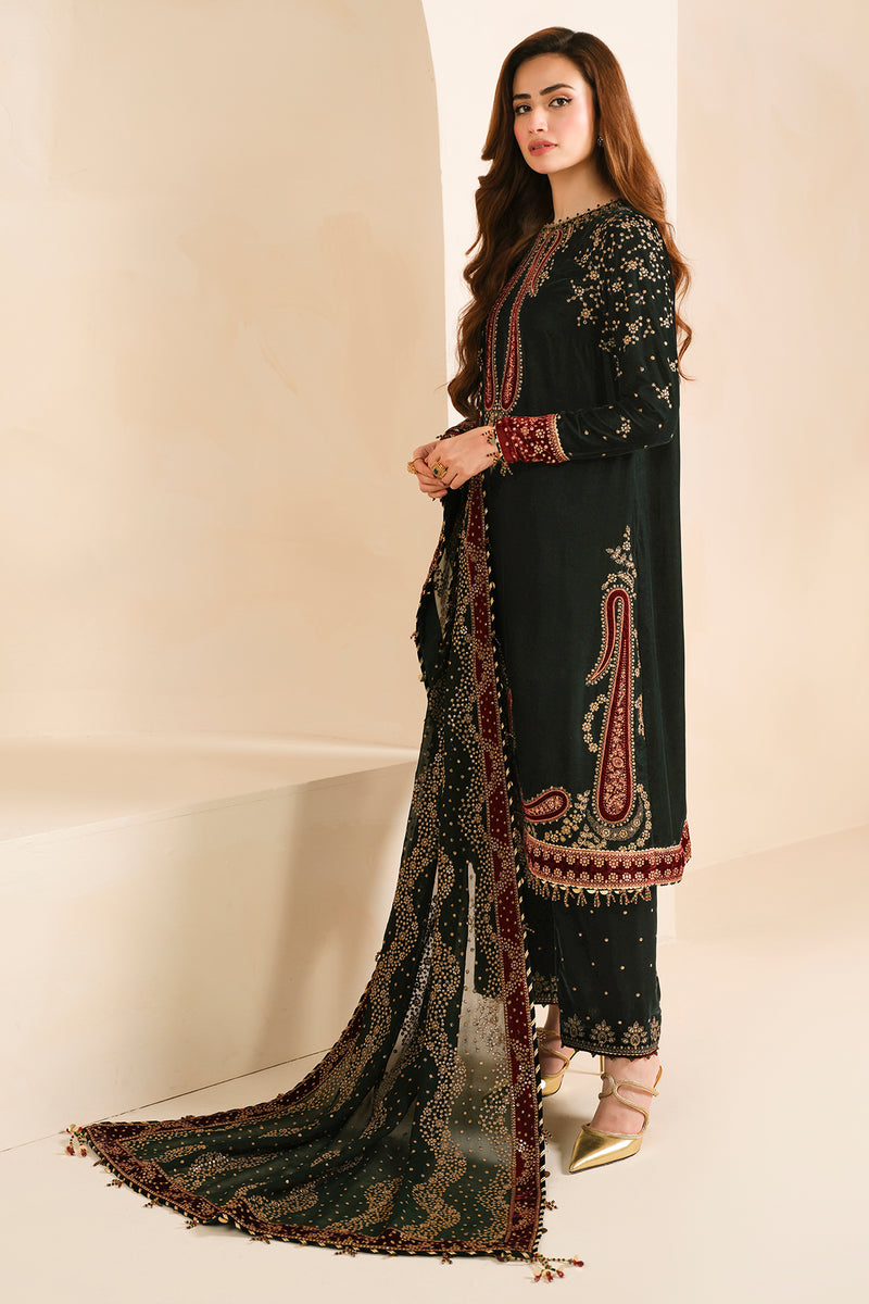 Sana Javed - Embroidered Velvet Shirt, Trouser and Dupatta set - COD | 50% OFF