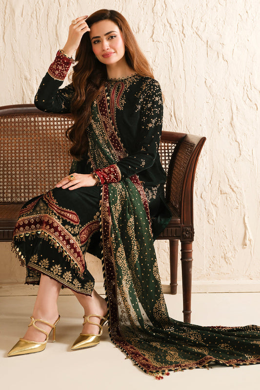 Sana Javed - Embroidered Velvet Shirt, Trouser and Dupatta set - COD | 50% OFF