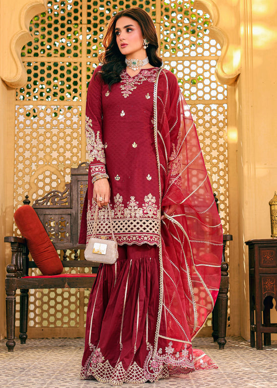Hira Mani Rose Red Shirt, Gharara and Dupatta Set | 42% OFF | Mother & Daughter Duo | COD