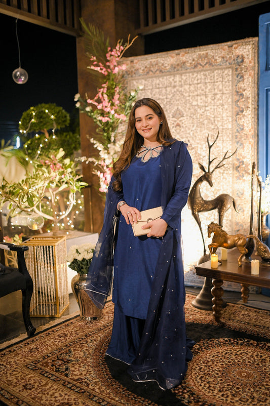 Aiman Khan - Embellished blue shirt, Trouser with Dupatta - COD | 30% OFF