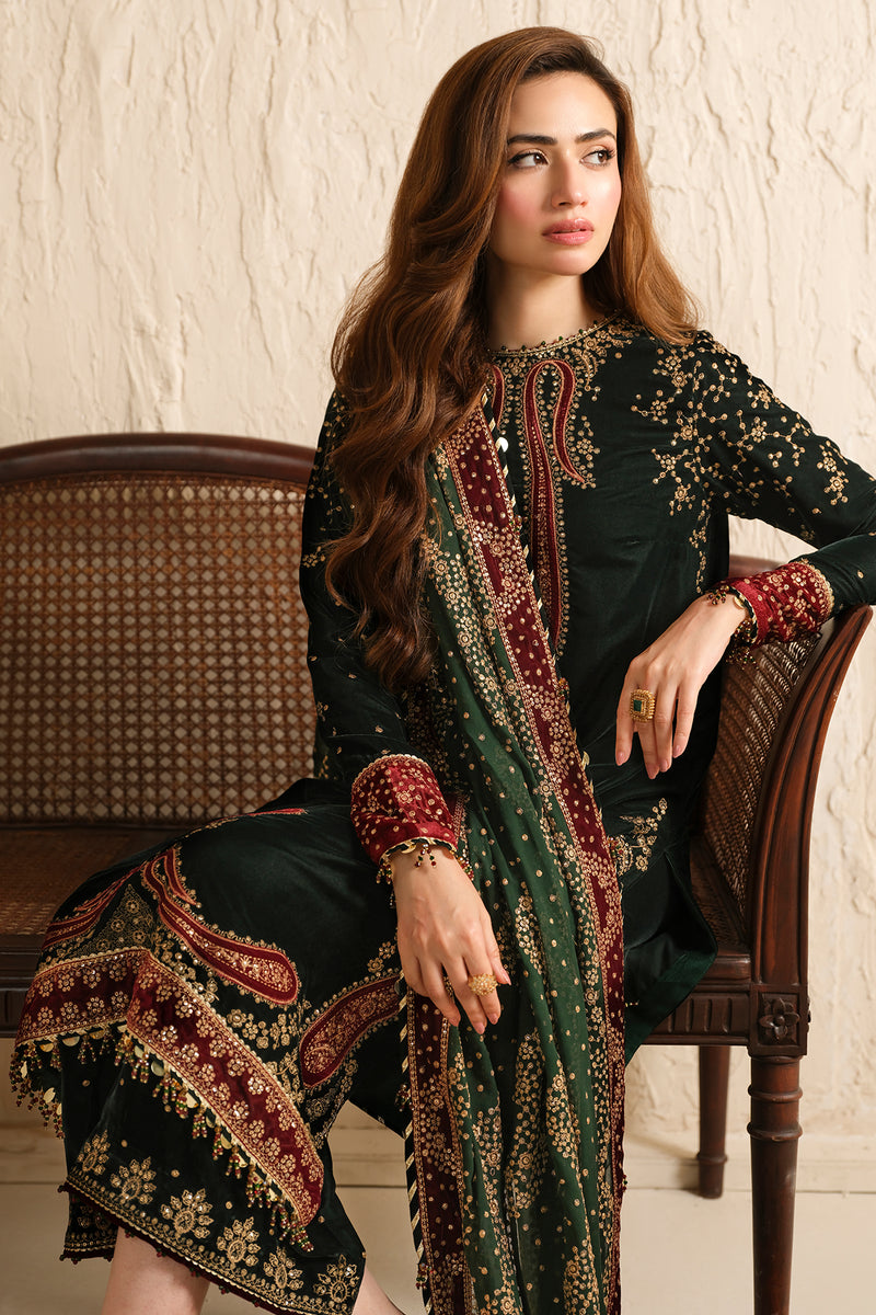 Sana Javed - Embroidered Velvet Shirt, Trouser and Dupatta set - COD | 50% OFF