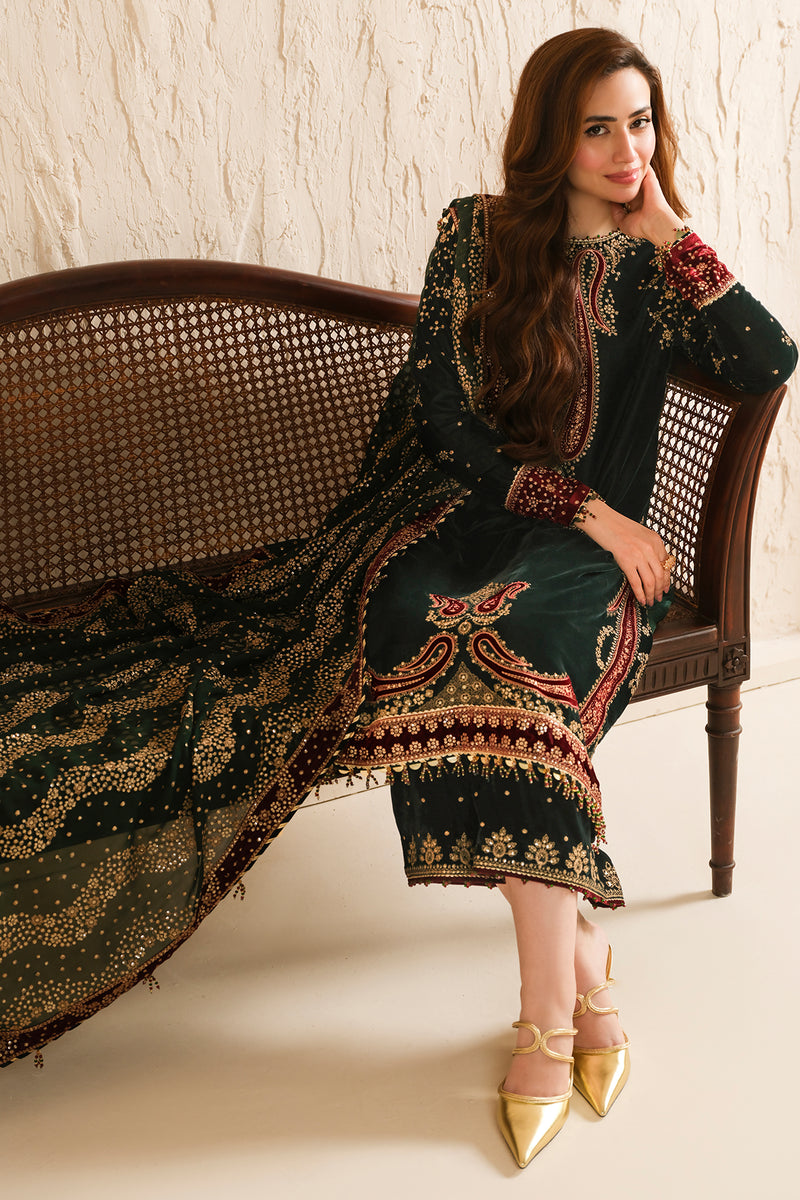 Sana Javed - Embroidered Velvet Shirt, Trouser and Dupatta set - COD | 50% OFF