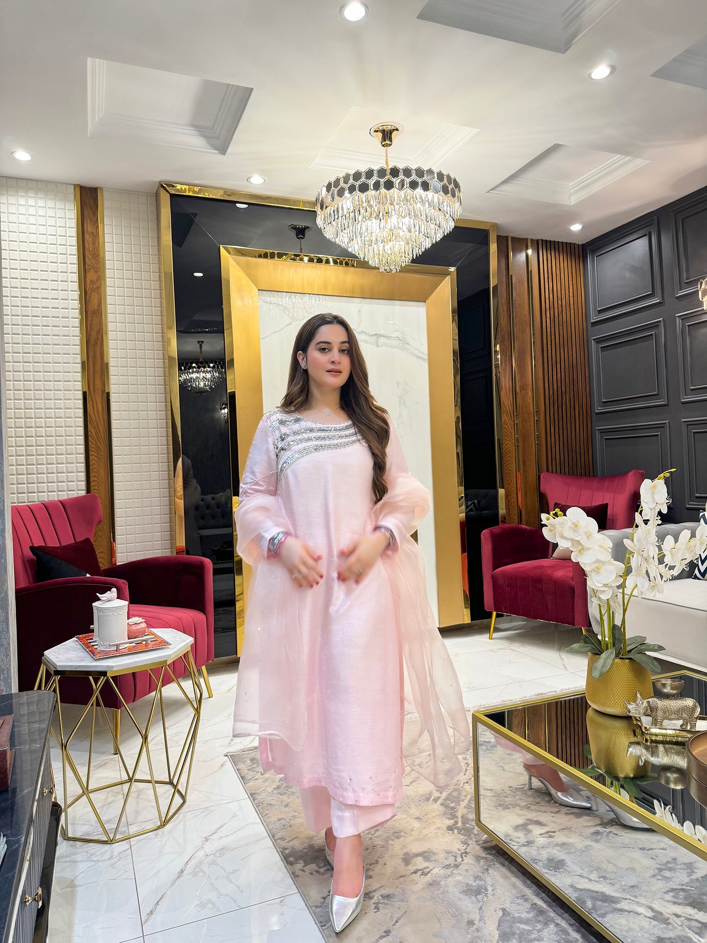 Aiman Khan - Lavish Shirt,Trouser with Dupatta | 50% OFF | Reshmi Shirt - COD
