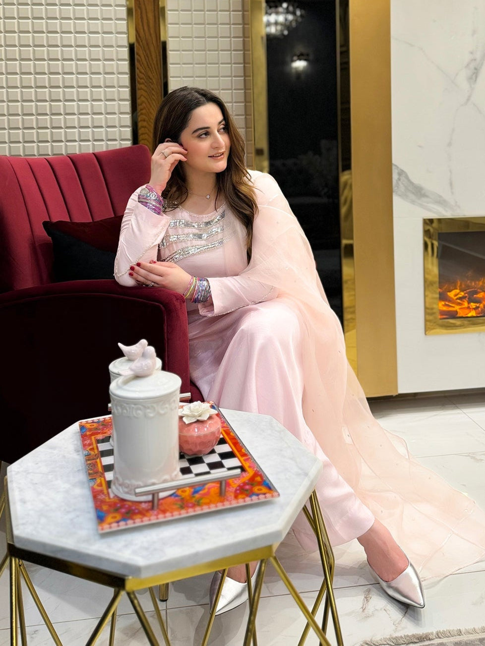 Aiman Khan - Lavish Shirt,Trouser with Dupatta | 50% OFF | Reshmi Shirt - COD