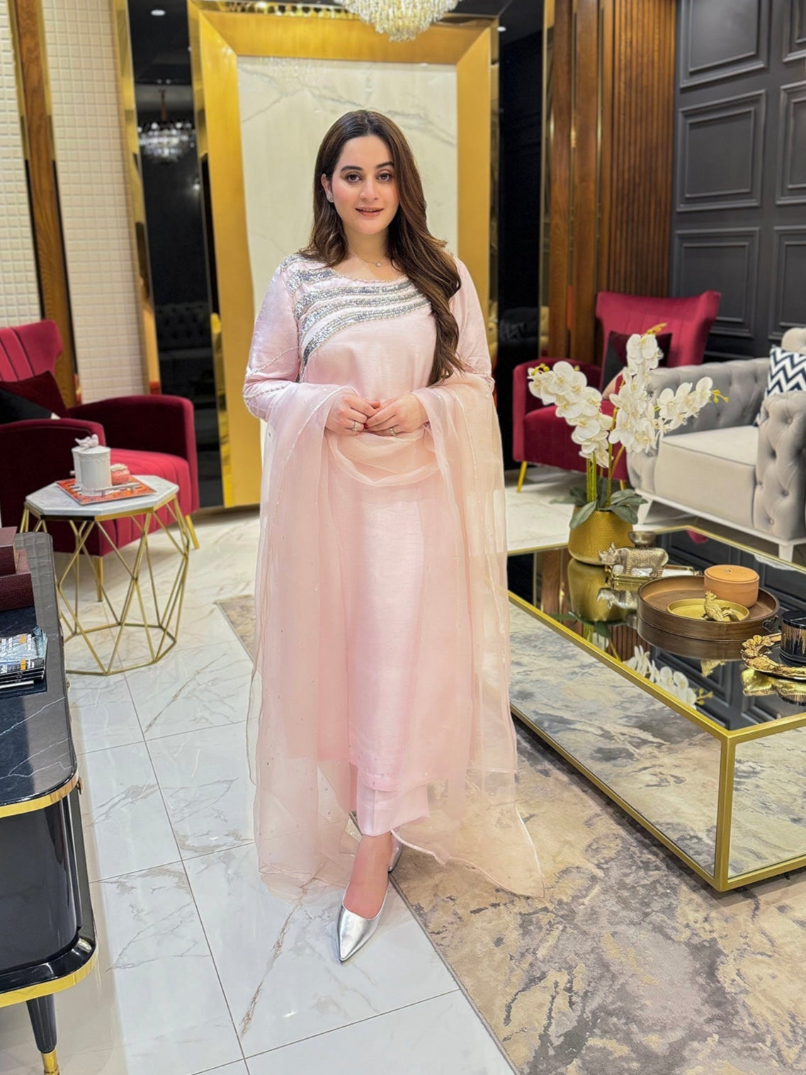 Aiman Khan - Lavish Shirt,Trouser with Dupatta | 50% OFF | Reshmi Shirt - COD