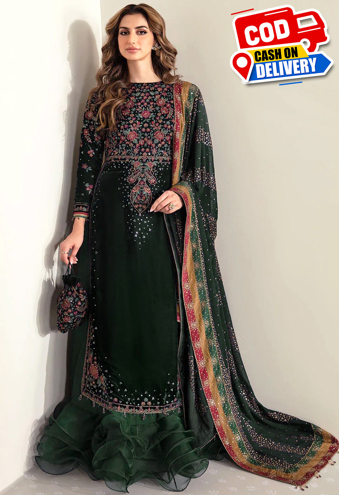 Merium Pervaiz Embroidered Velvet Shirt, Lehenga and Dupatta | COD | 40% OFF