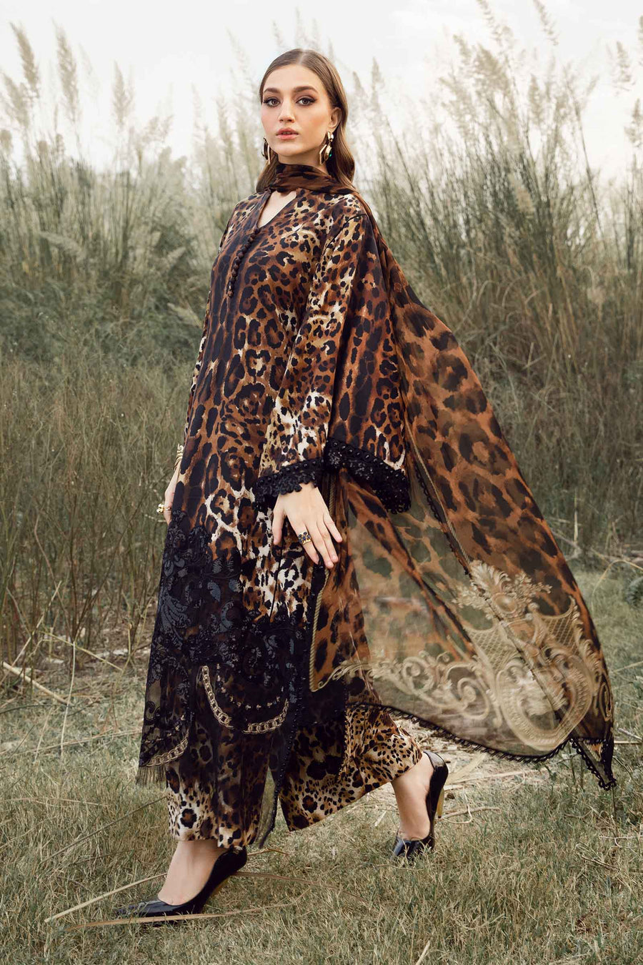 Alishba Abbasi - Cheetah Shirt, Trouser and Dupatta - COD | 50% OFF