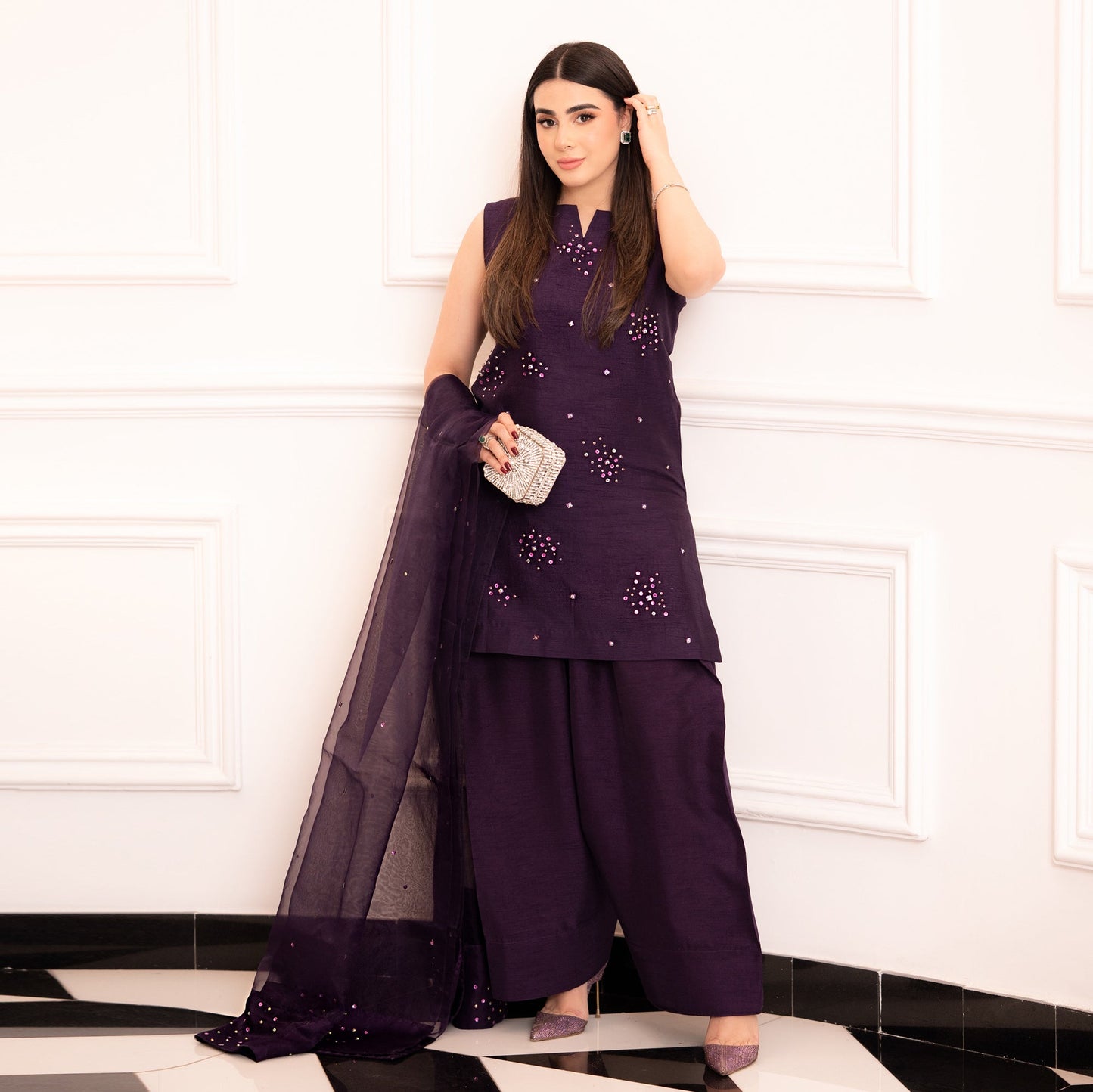Embellished Marjanda Shirt, Farshi Shalwar with Dupatta - COD | 50% OFF