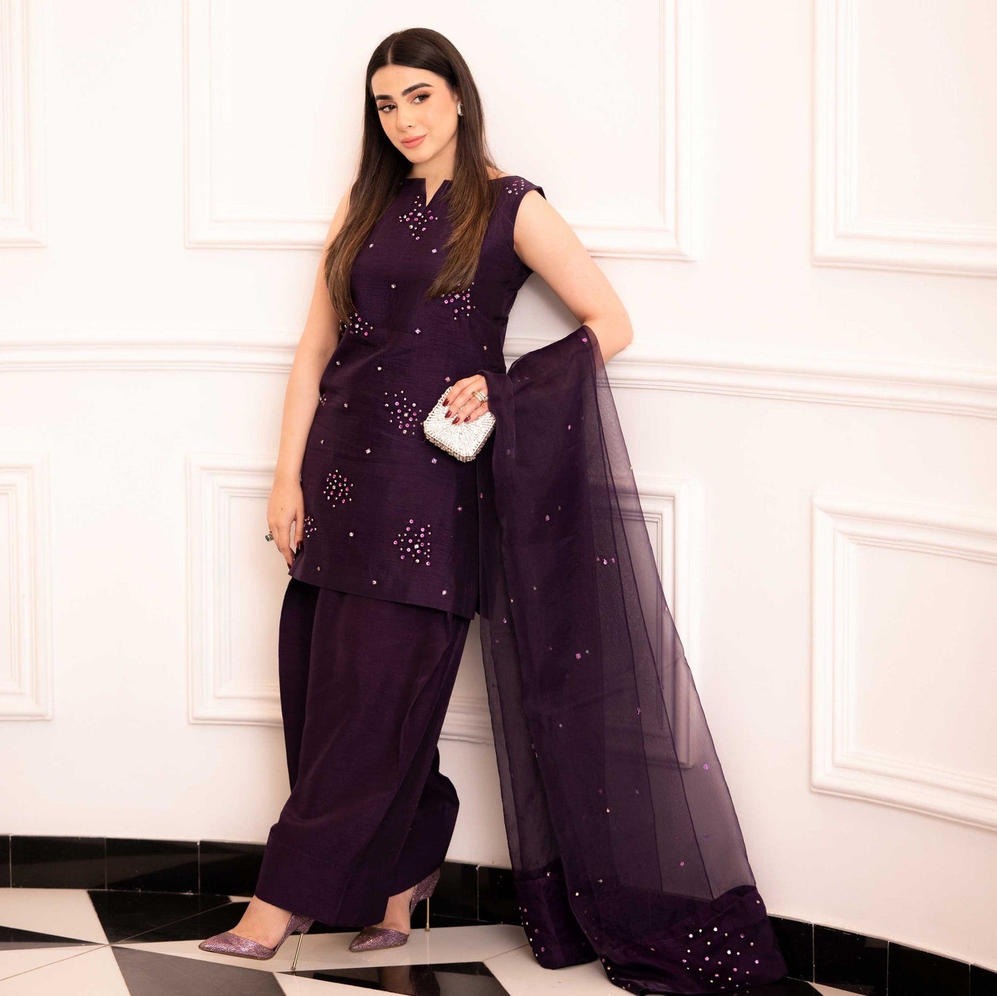 Embellished Marjanda Shirt, Farshi Shalwar with Dupatta - COD | 50% OFF