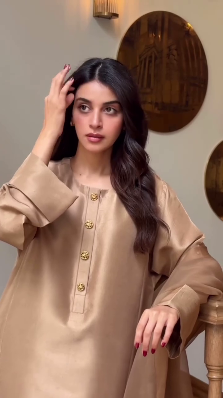Anmol Baloch Beige Silk Shirt, Trouser with Dupatta | 50% OFF | Reshmi Shirt - COD