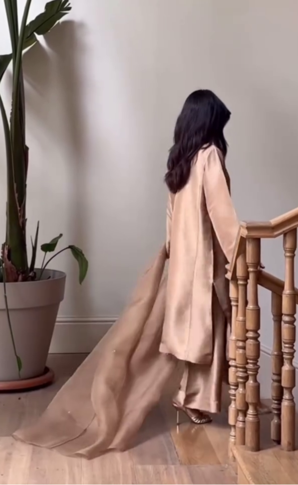 Anmol Baloch Beige Silk Shirt, Trouser with Dupatta | 50% OFF | Reshmi Shirt - COD