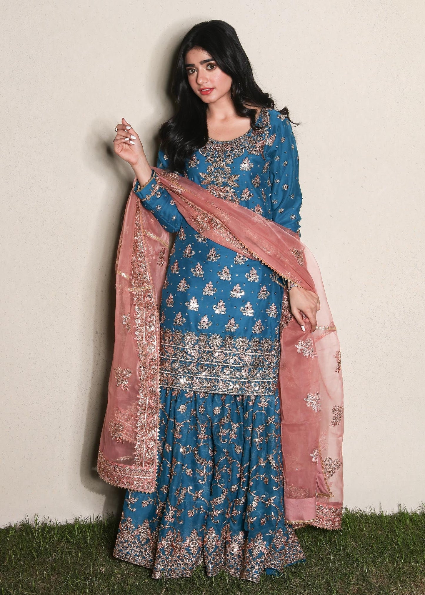 Areeqa Haq - Rine Shirt, Gharara and Dupatta - COD | 50% OFF