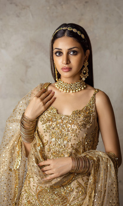 Anmol Baloch - Embellished Golden Ghagra Shirt 3pc | 70% OFF