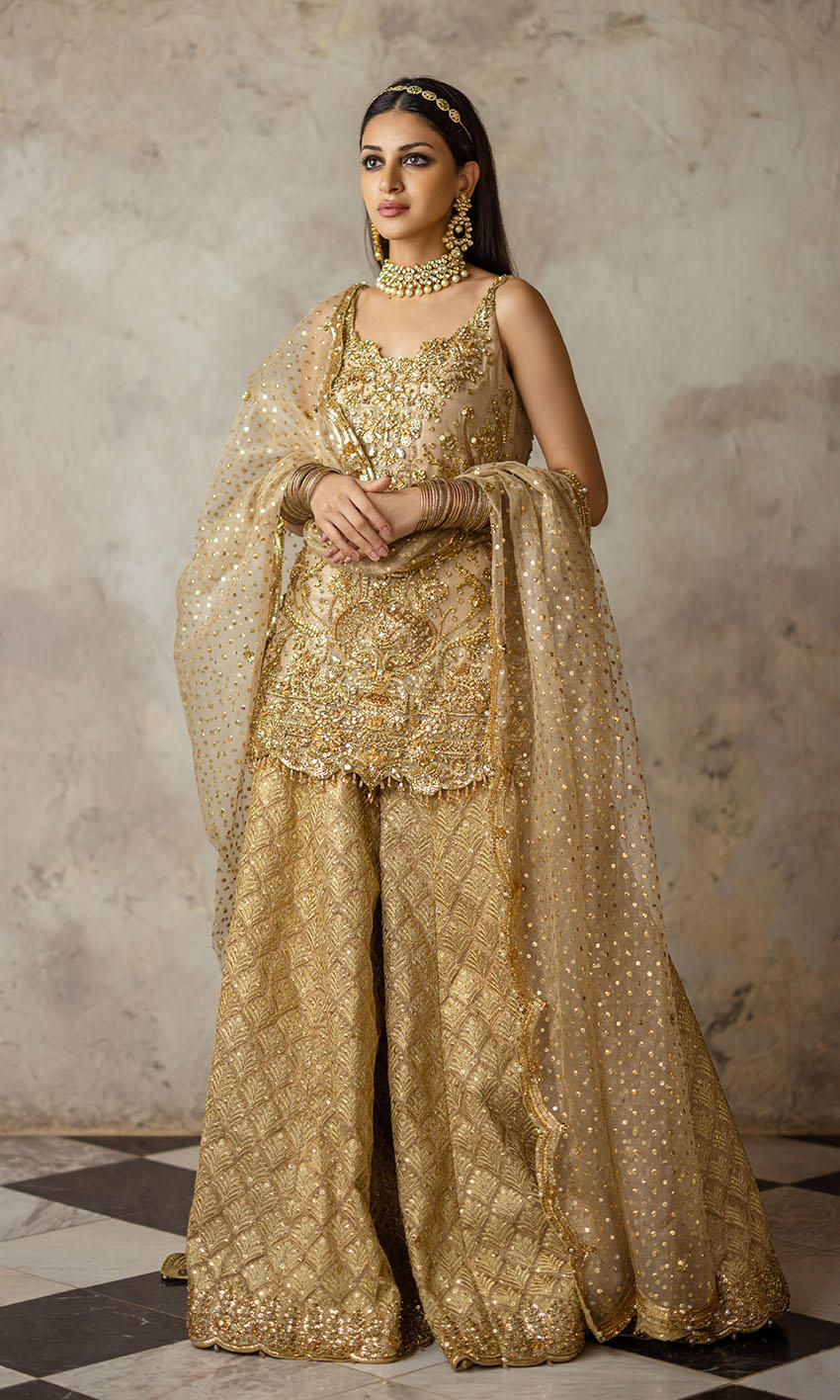 Anmol Baloch - Embellished Golden Ghagra Shirt 3pc | 70% OFF