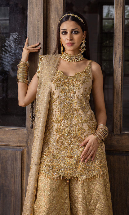 Anmol Baloch - Embellished Golden Ghagra Shirt 3pc | 70% OFF