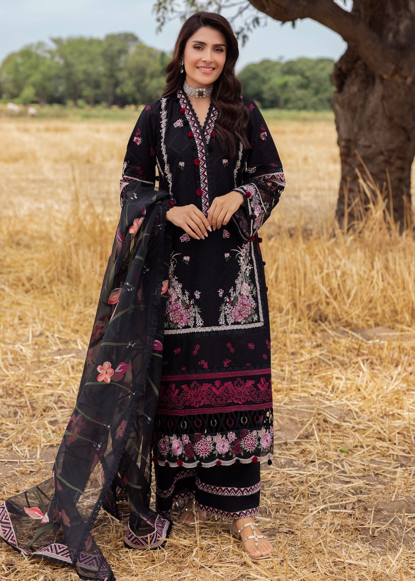 Ayeza Khan - Embellished Black Floral Shirt, Trouser and Dupatta - COD | 40% OFF