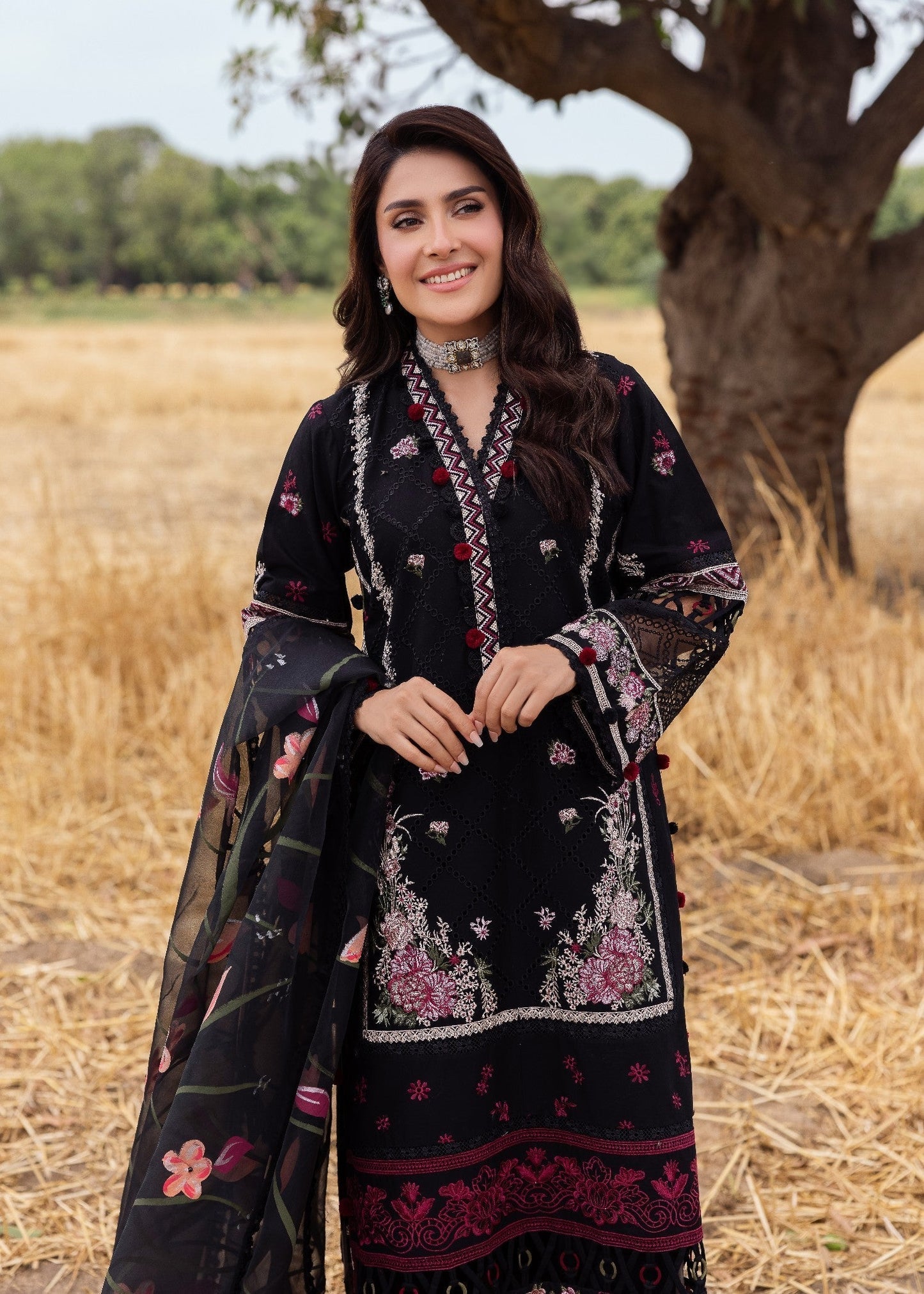 Ayeza Khan - Embellished Black Floral Shirt, Trouser and Dupatta - COD | 40% OFF
