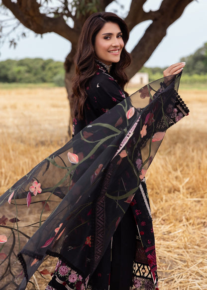 Ayeza Khan - Embellished Black Floral Shirt, Trouser and Dupatta - COD | 40% OFF