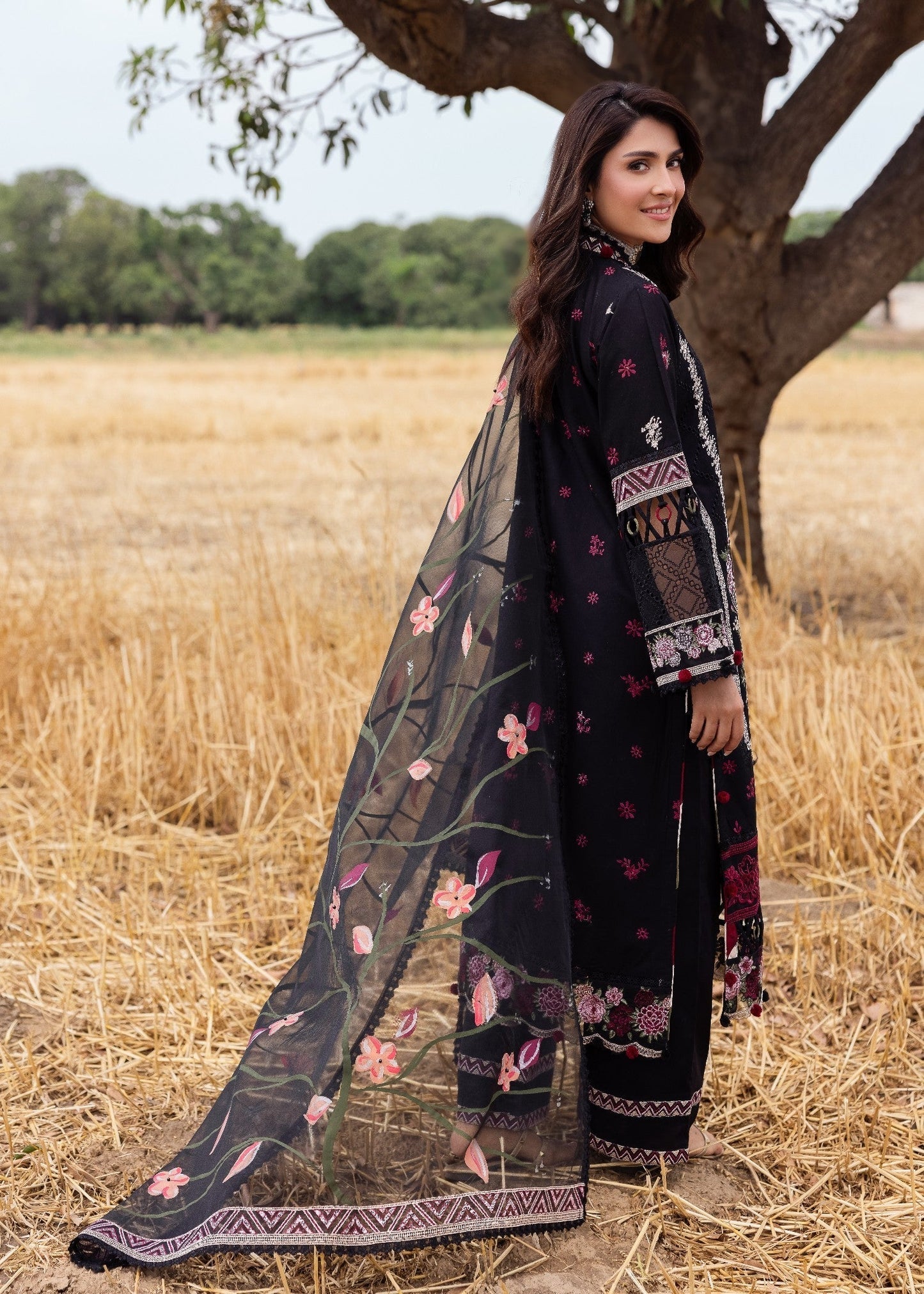 Ayeza Khan - Embellished Black Floral Shirt, Trouser and Dupatta - COD | 40% OFF