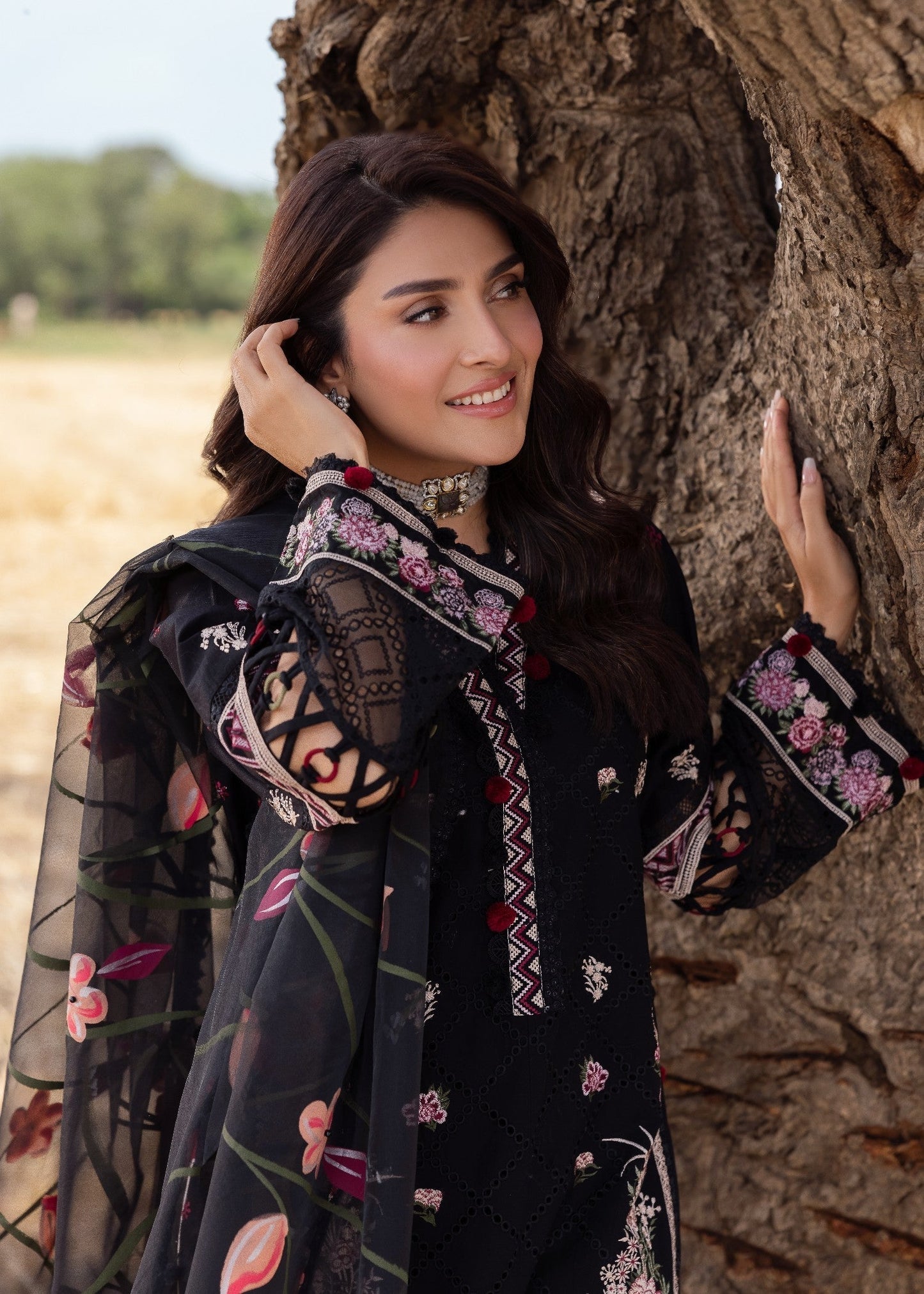 Ayeza Khan - Embellished Black Floral Shirt, Trouser and Dupatta - COD | 40% OFF