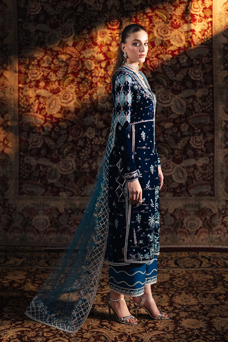 Alishba Abbasi - Liyana Velvet Long Shirt, Trouser with Dupatta | 40% OFF