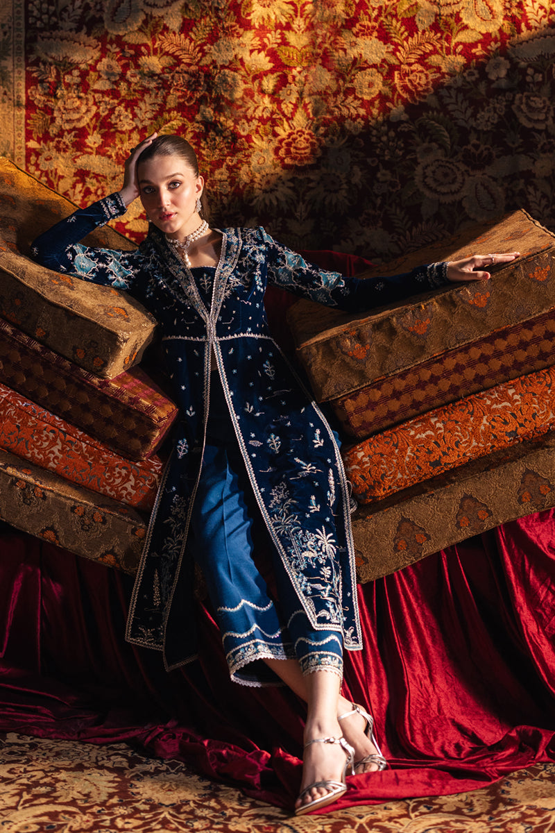 Alishba Abbasi - Liyana Velvet Long Shirt, Trouser with Dupatta | 40% OFF