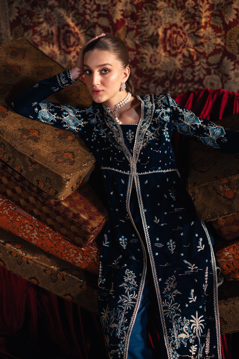 Alishba Abbasi - Liyana Velvet Long Shirt, Trouser with Dupatta | 40% OFF