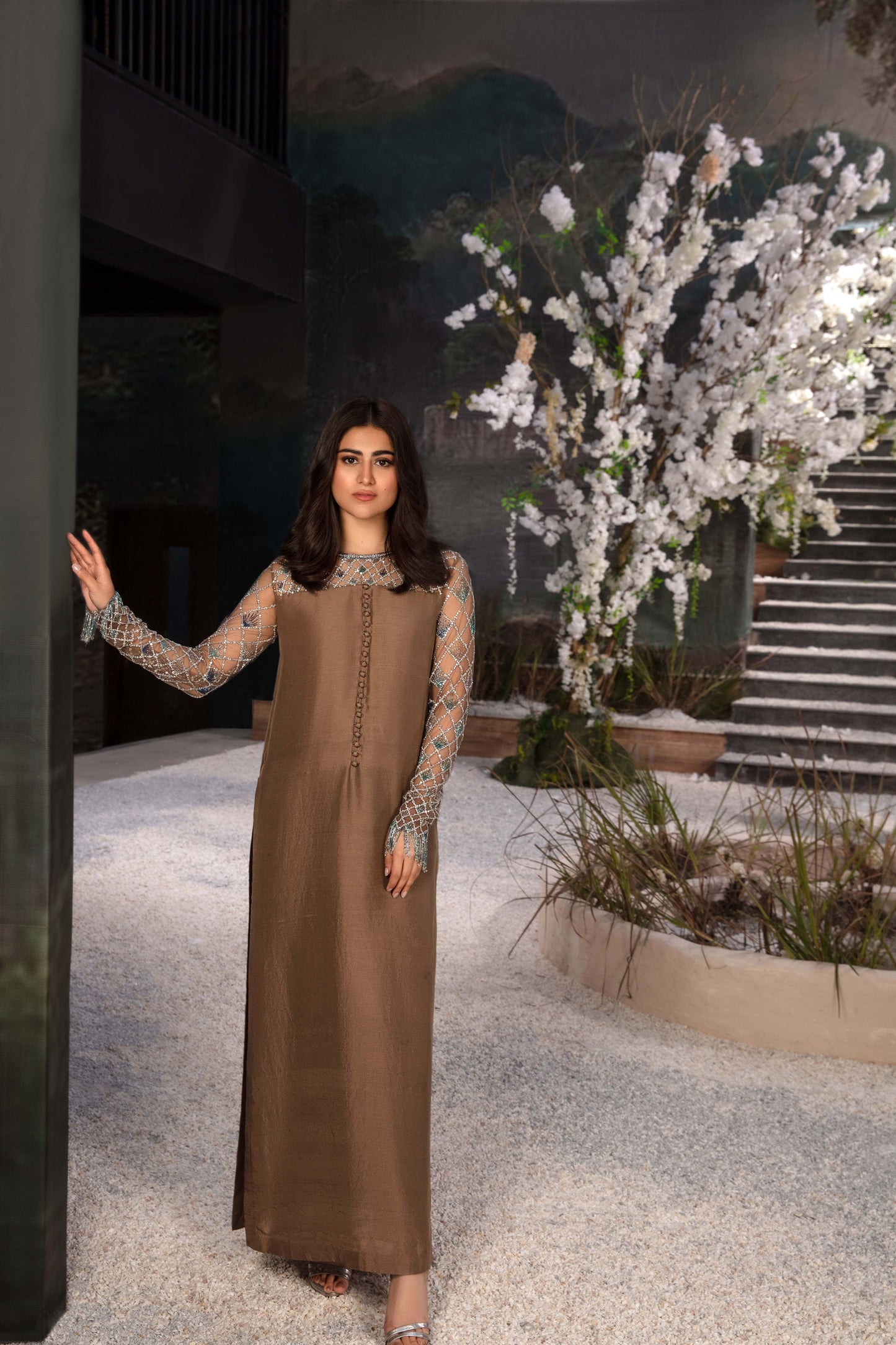 Hina Afridi - EMBELLISHED LONG BROWN OUTFIT  | 70% OFF